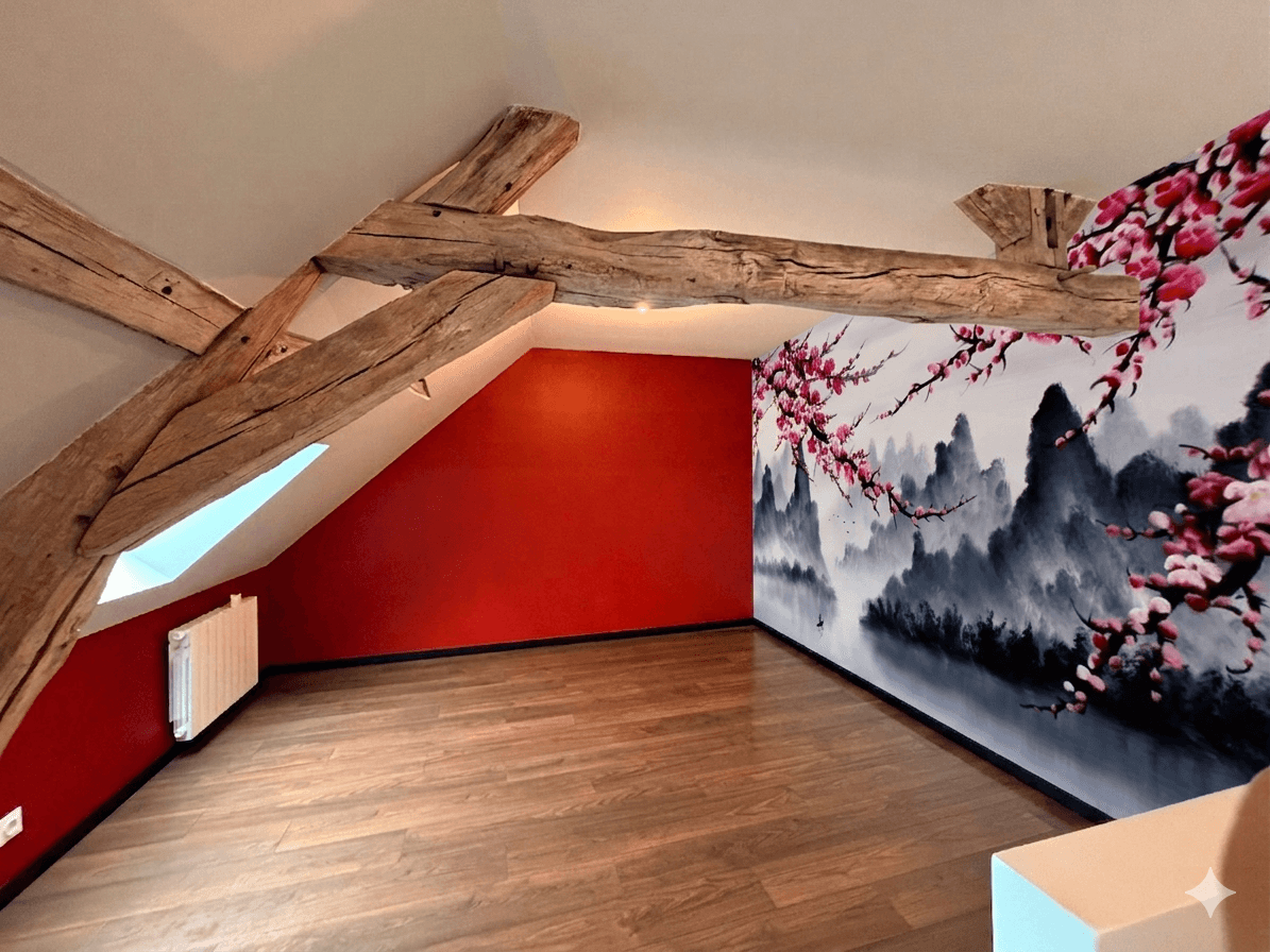 Aménagement de combles près de Provins (Villenauxe-la-Grande) : chambre parentale d'inspiration japonaise, charpente ancienne, dressing. Conception et suivi de travaux.