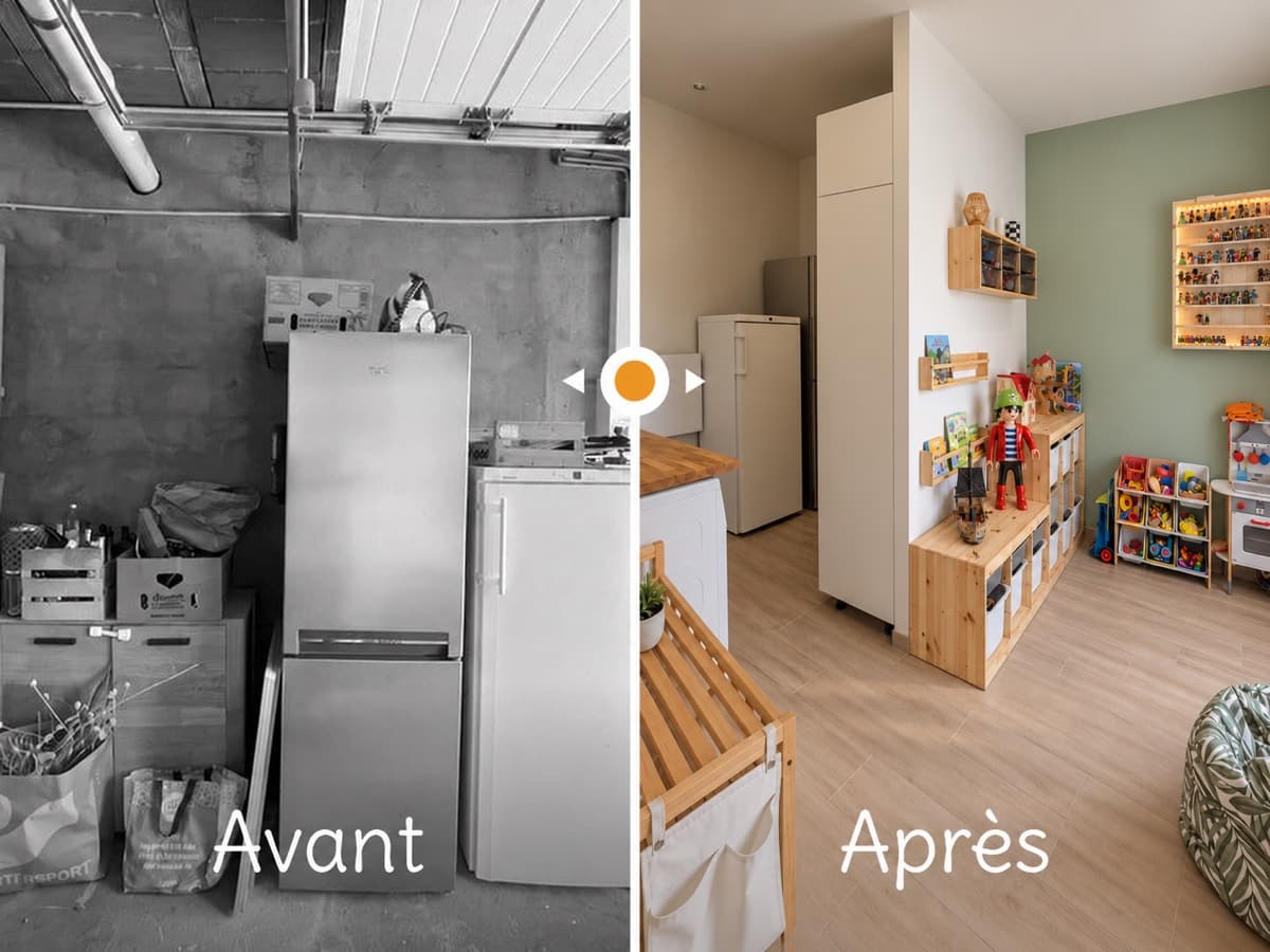 À Yerres, transformation d'un garage de 17 m² en pièce multifonction : buanderie, cellier, rangements et salle de jeux lumineuse pour une famille.