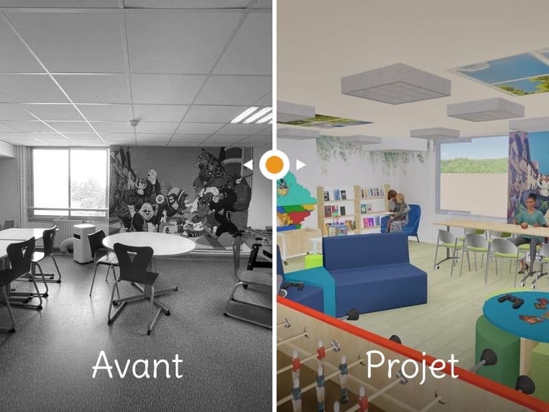 Conception d'une salle de vie modulable pour les enfants hospitalisés du service de pédiatrie de Troyes (10) : zones de jeux, coin repas pour 20 personnes, mobilier mobile et décoration apaisante.