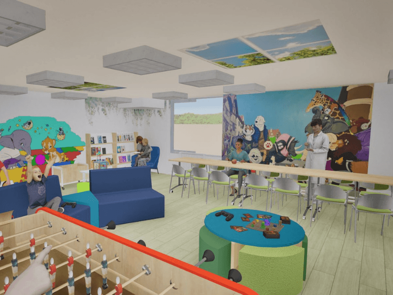 Conception d'une salle de vie modulable pour les enfants hospitalisés du service de pédiatrie de Troyes (10) : zones de jeux, coin repas pour 20 personnes, mobilier mobile et décoration apaisante.