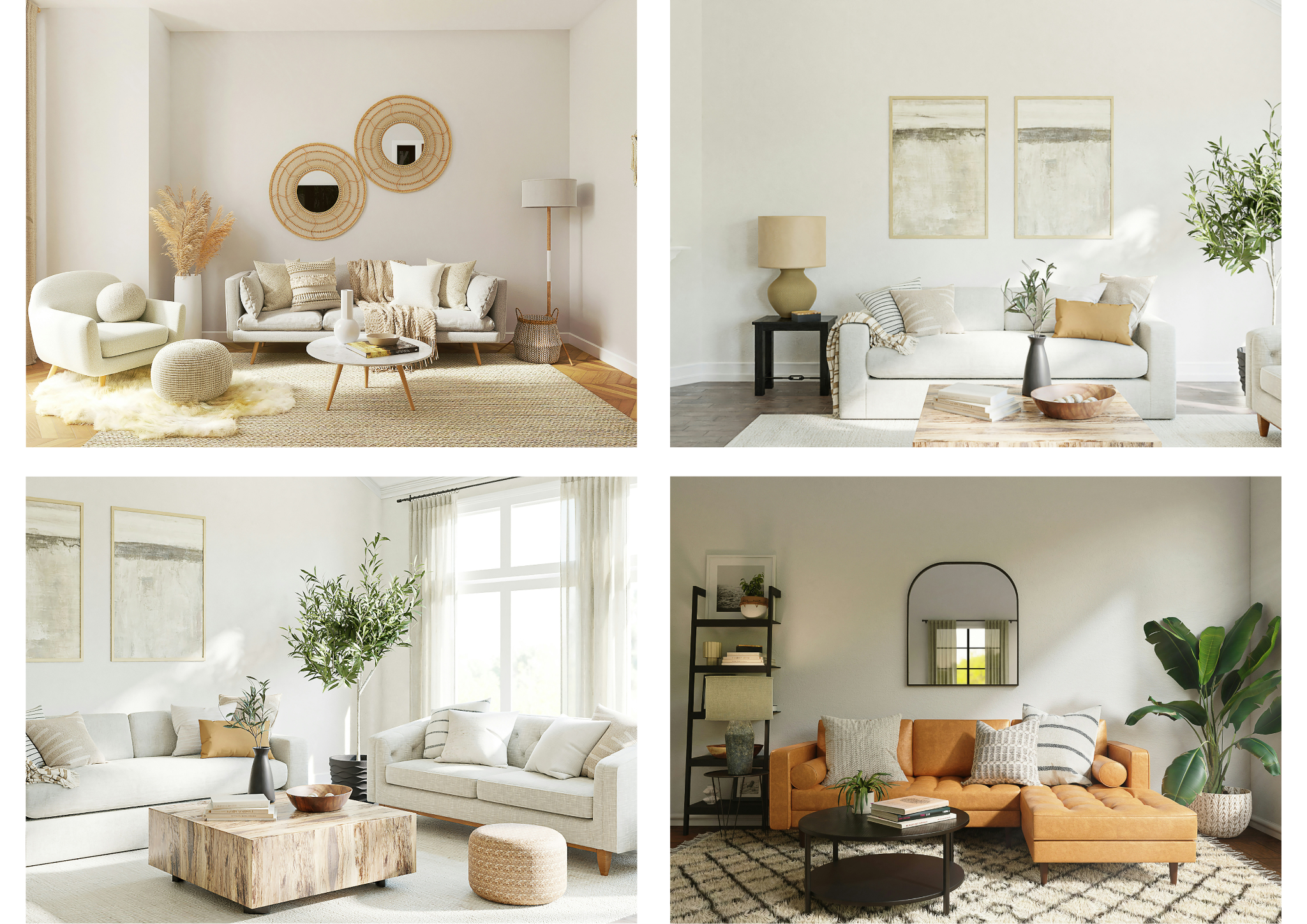 Quatre salons décorés selon les tendances déco 2026 : canapés beige, coussins neutres, plantes vertes. Ils se ressemblent tous.