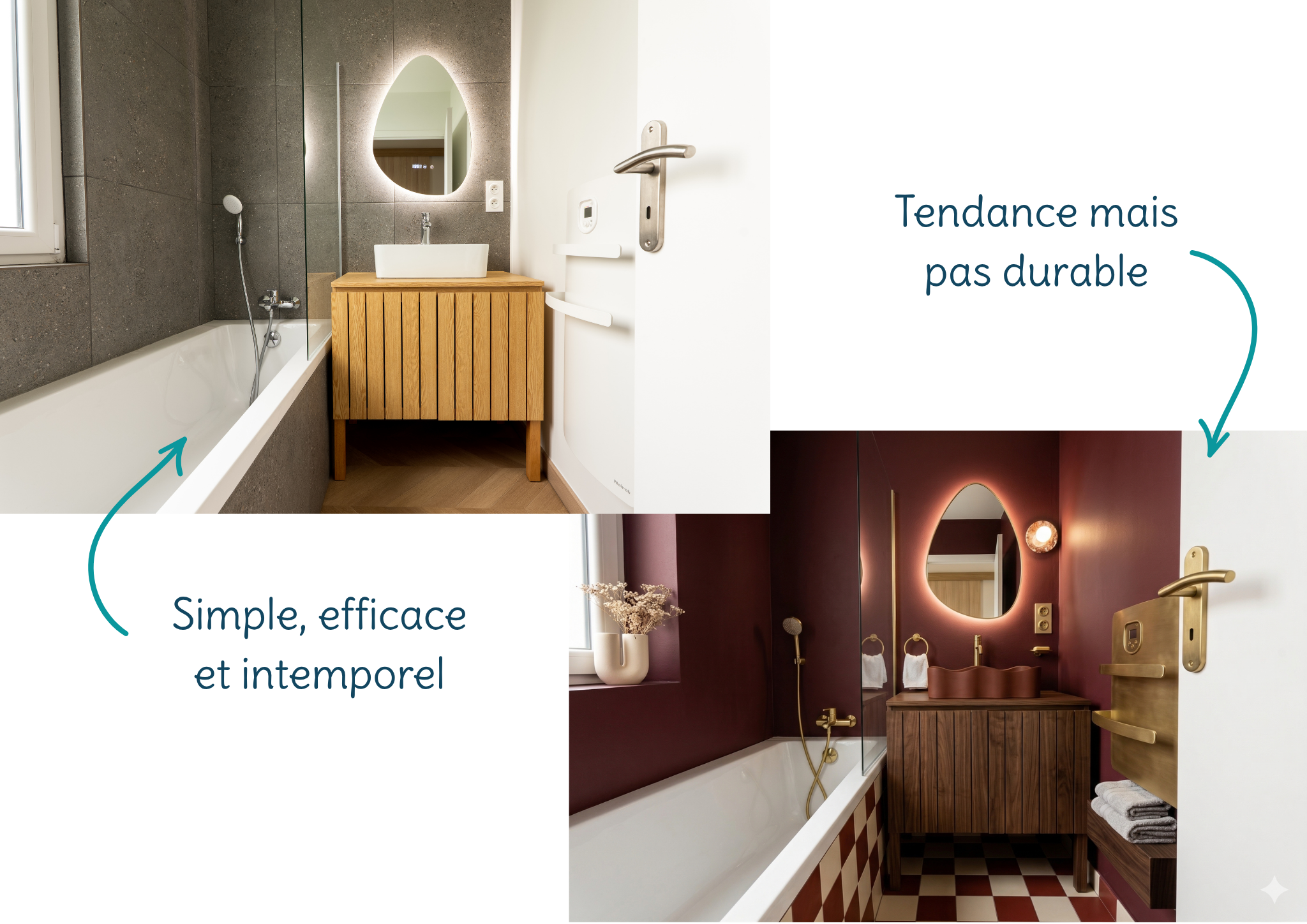 Comparaison de deux salles de bain : à gauche, un choix simple et intemporel avec carrelage gris et meuble bois. À droite, un choix tendance avec mur bordeaux et robinetterie dorée, plus risqué dans la durée.