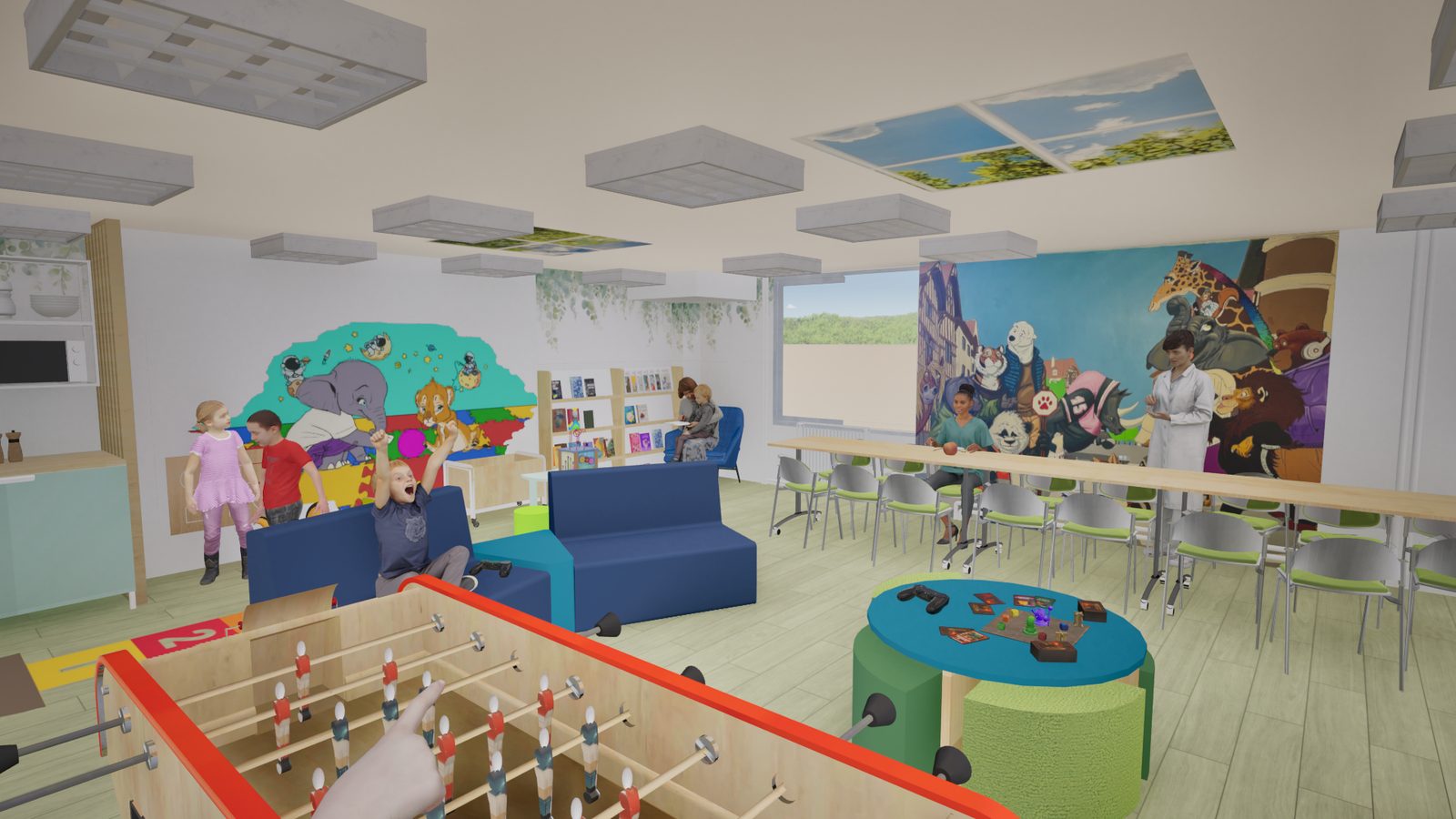 Salle de vie pour enfants hospitalisés à Troyes - vue d'ensemble du projet d'aménagement