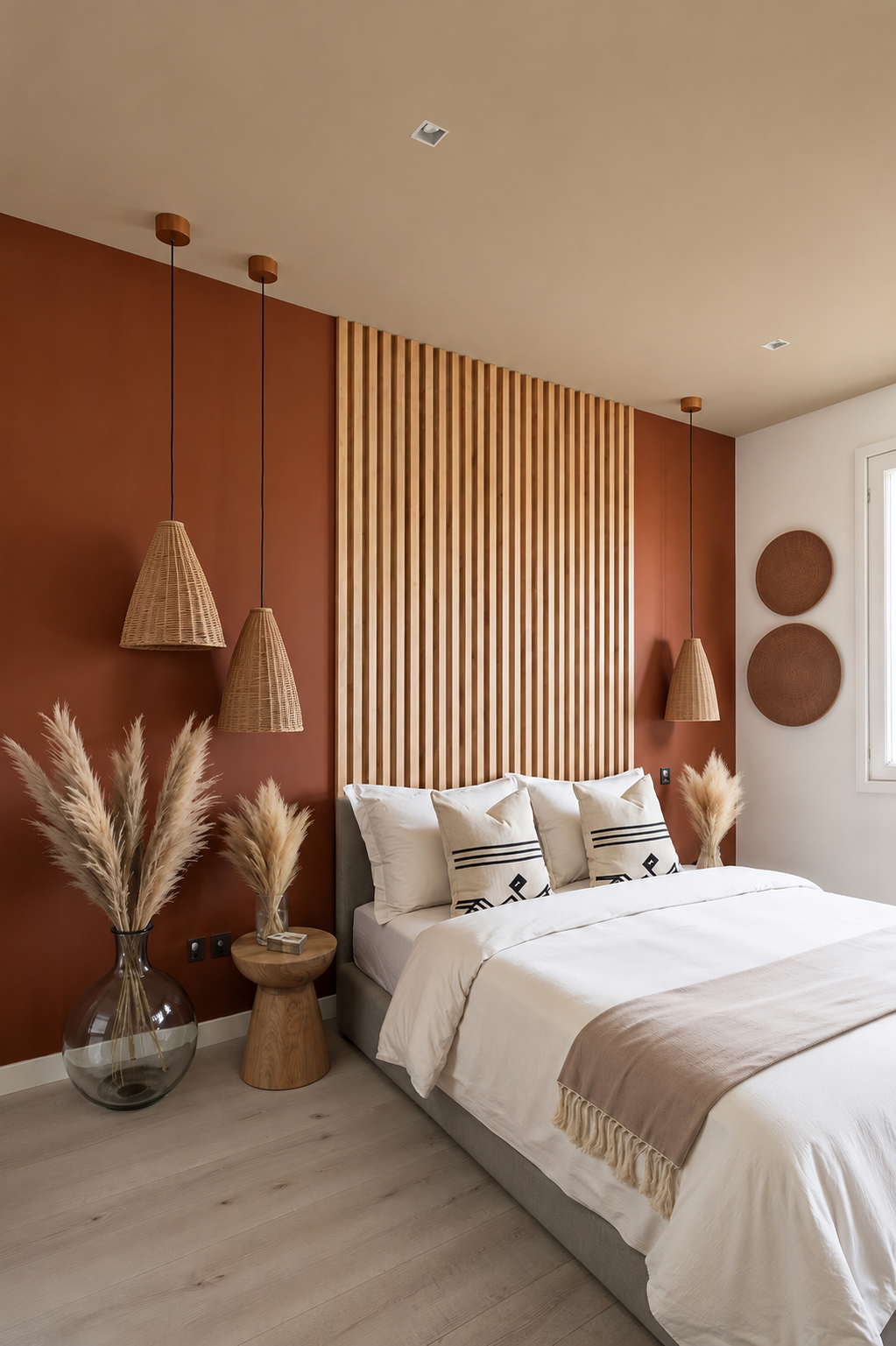 Chambre avec pan de mur terracotta et suspensions en rotin de part et d'autre du lit
