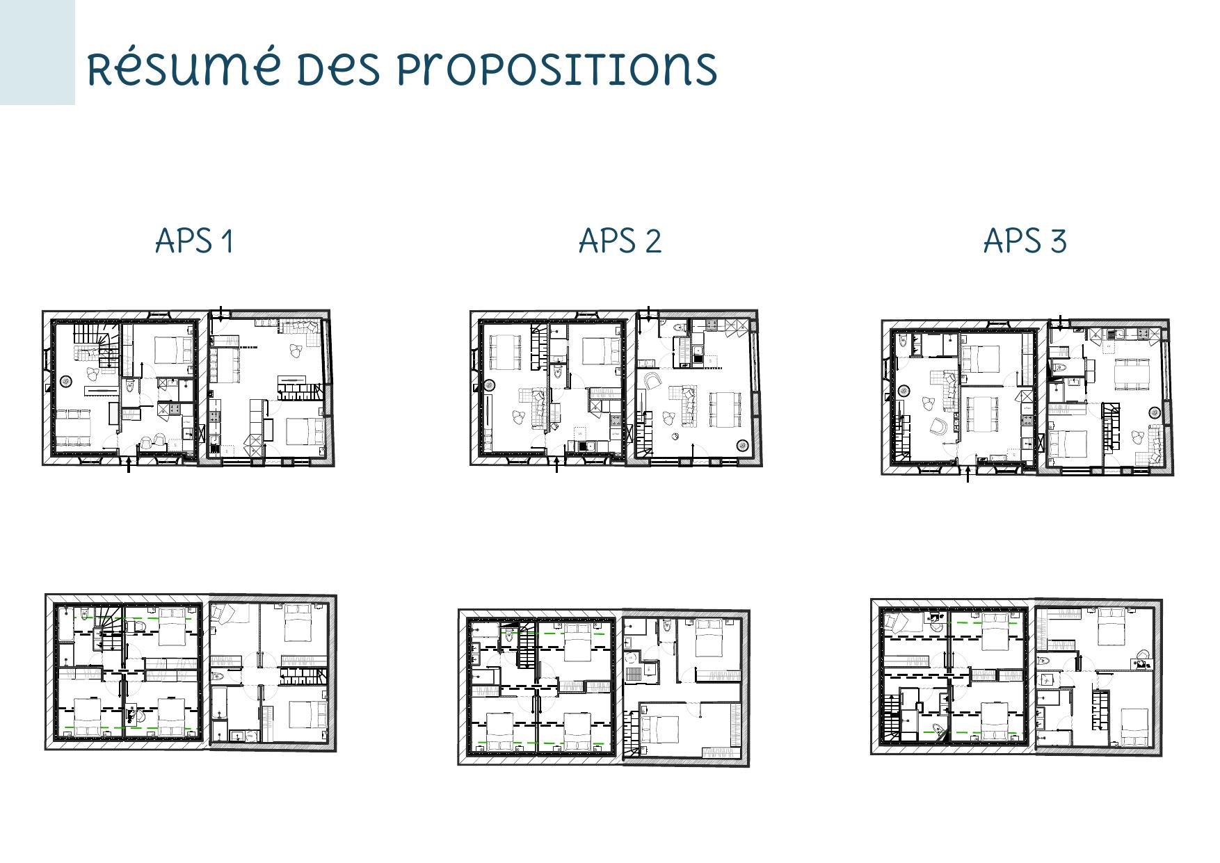 Comparaison de trois propositions d'aménagement pour créer deux maisons locatives à Provins