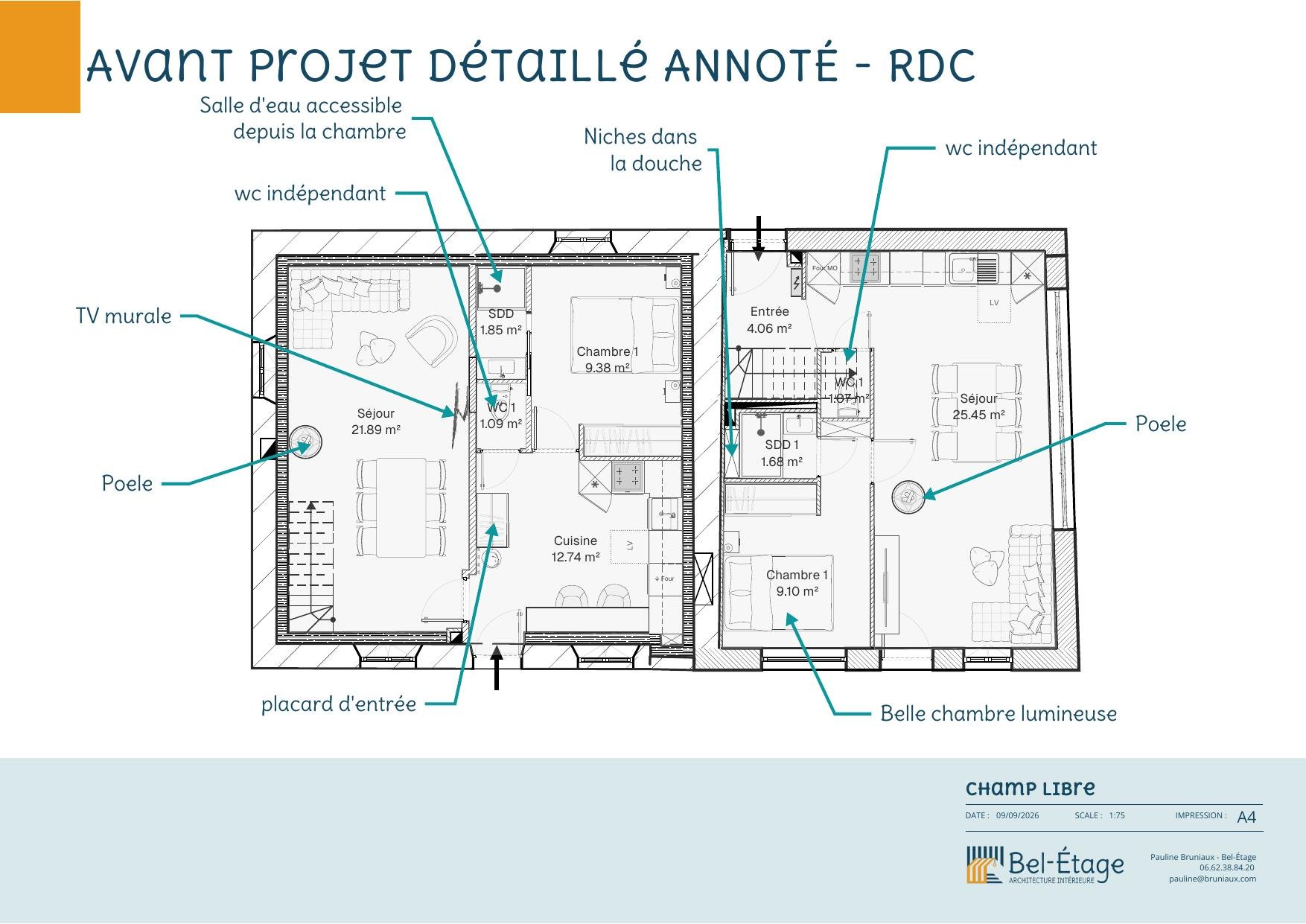 Plan final du rez-de-chaussée de deux maisons locatives indépendantes à Provins