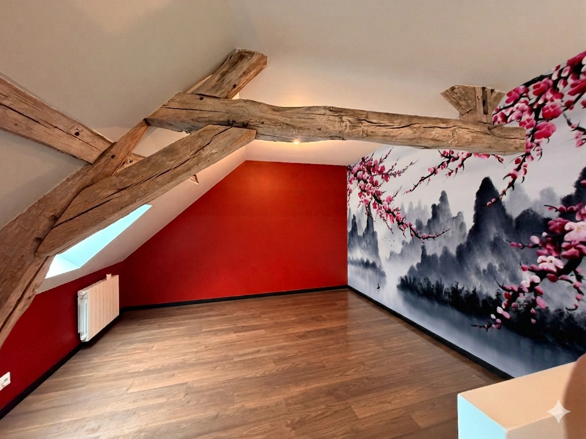 Aménagement de combles à Villenauxe-la-Grande - chambre fresque cerisier japonais