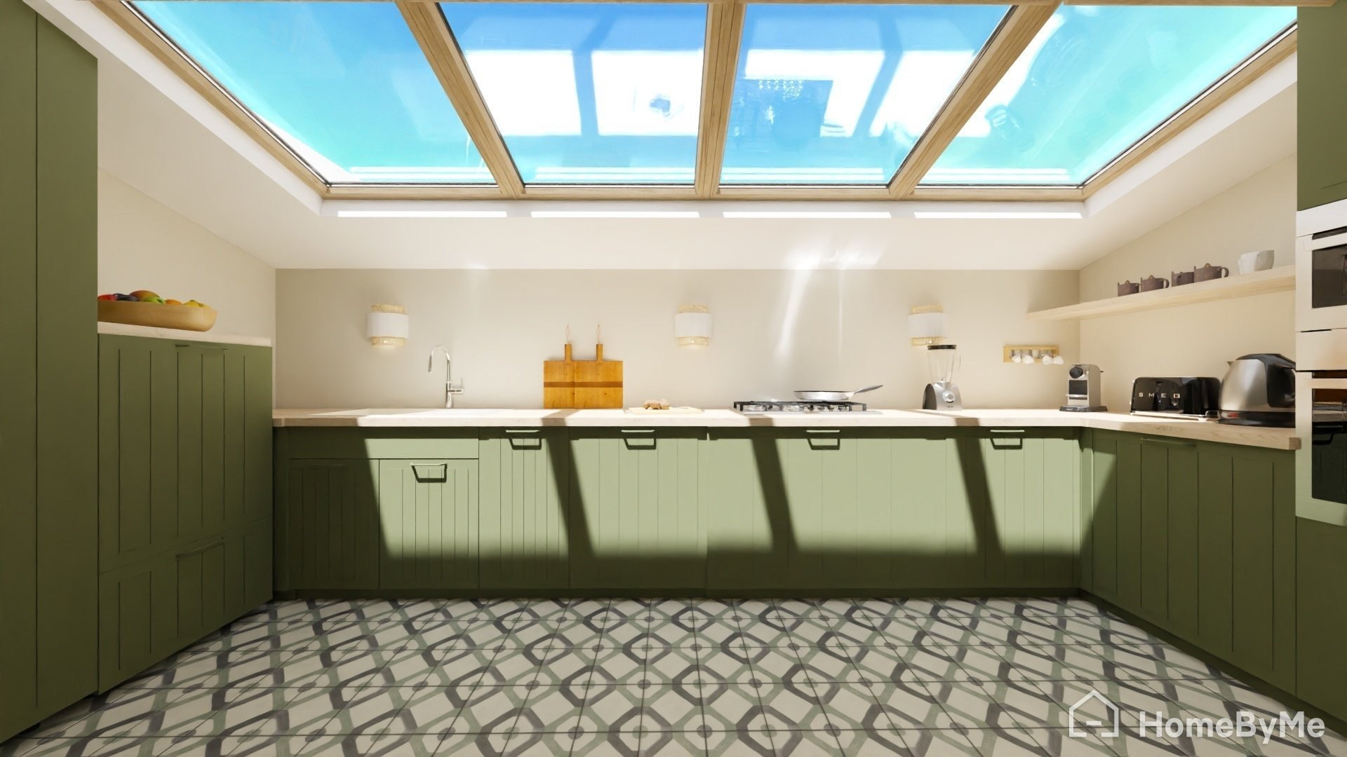 Projection 3D d'une cuisine verte sous verrière dans une ferme rénovée près de Sézanne