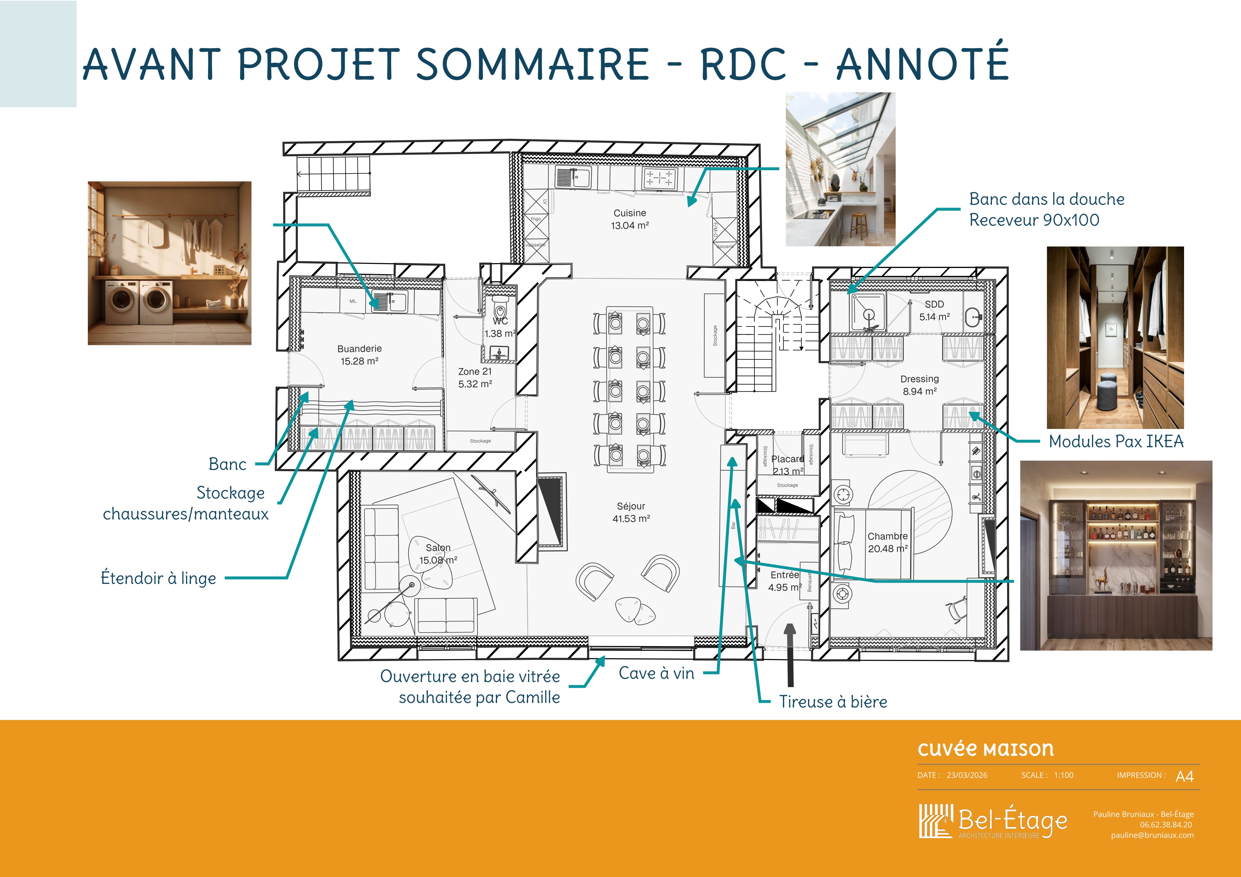 Plan d'aménagement du rez-de-chaussée d'une ferme rénovée près de Sézanne