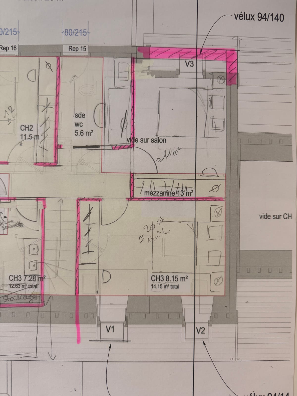 Maison neuve à Poigny - détail du plan annoté de l'étage : chambres et mezzanine