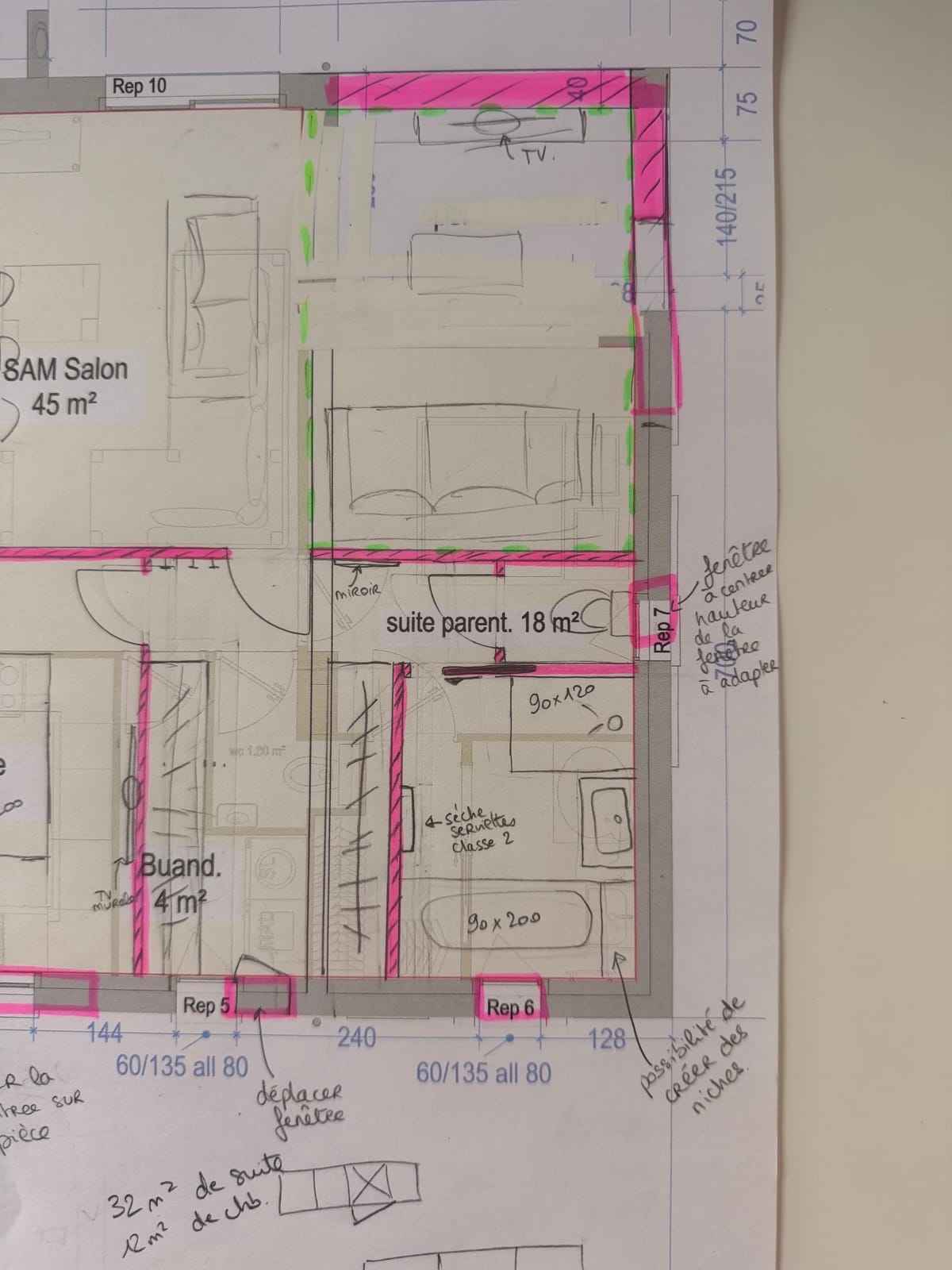 Maison neuve à Poigny - détail du plan annoté : suite parentale avec dressing et salle de bain