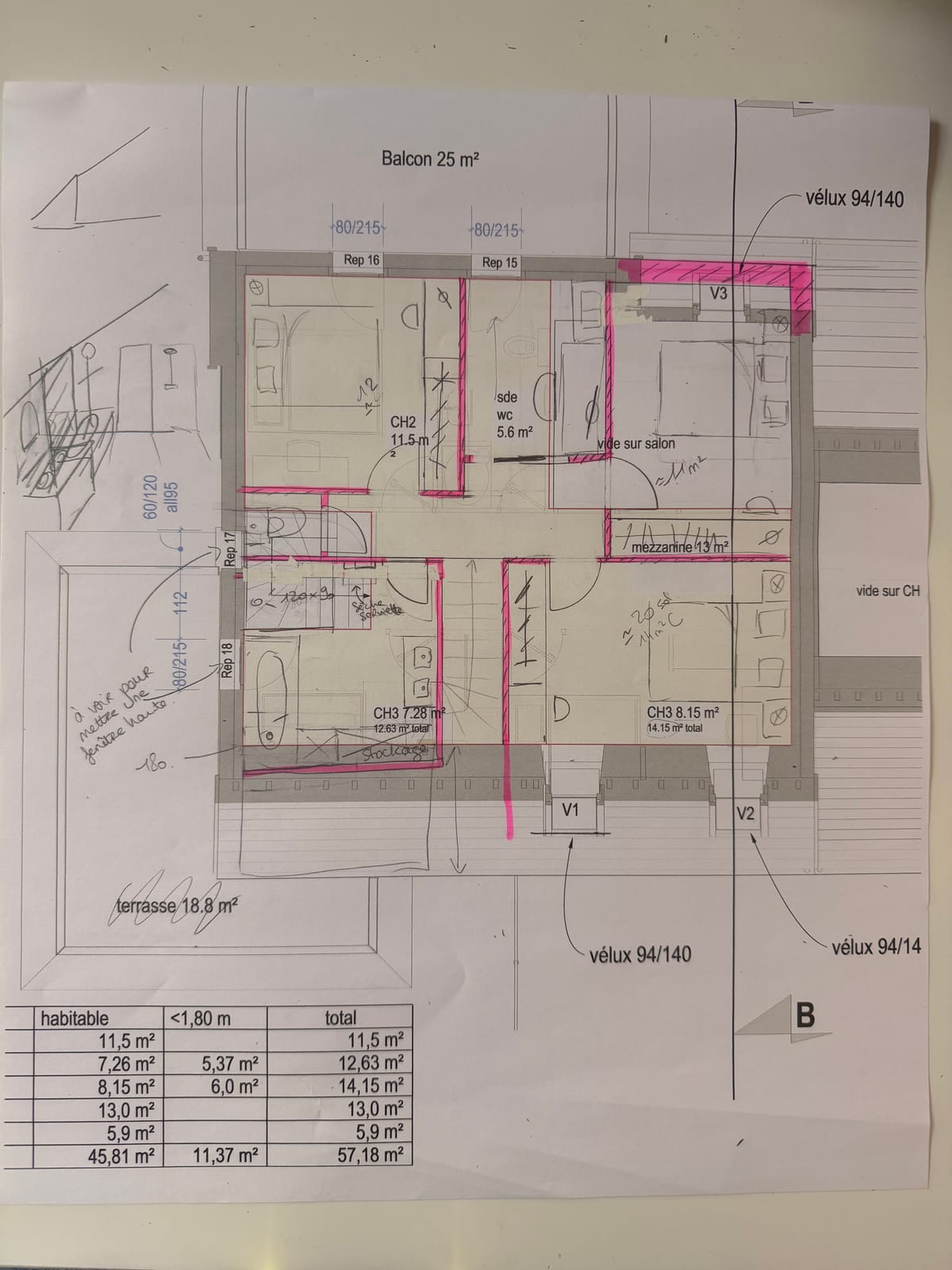 Maison neuve à Poigny - plan de l'étage annoté : trois chambres, salle de bain et bureau
