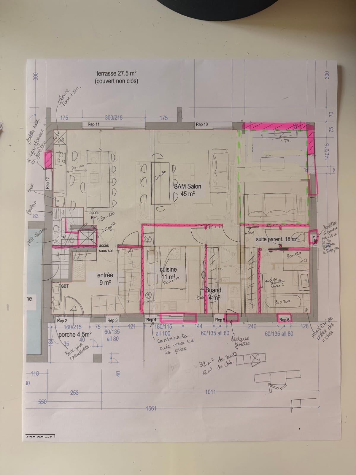 Maison neuve à Poigny près de Provins - plan du rez-de-chaussée annoté pendant la séance Plans constructeur