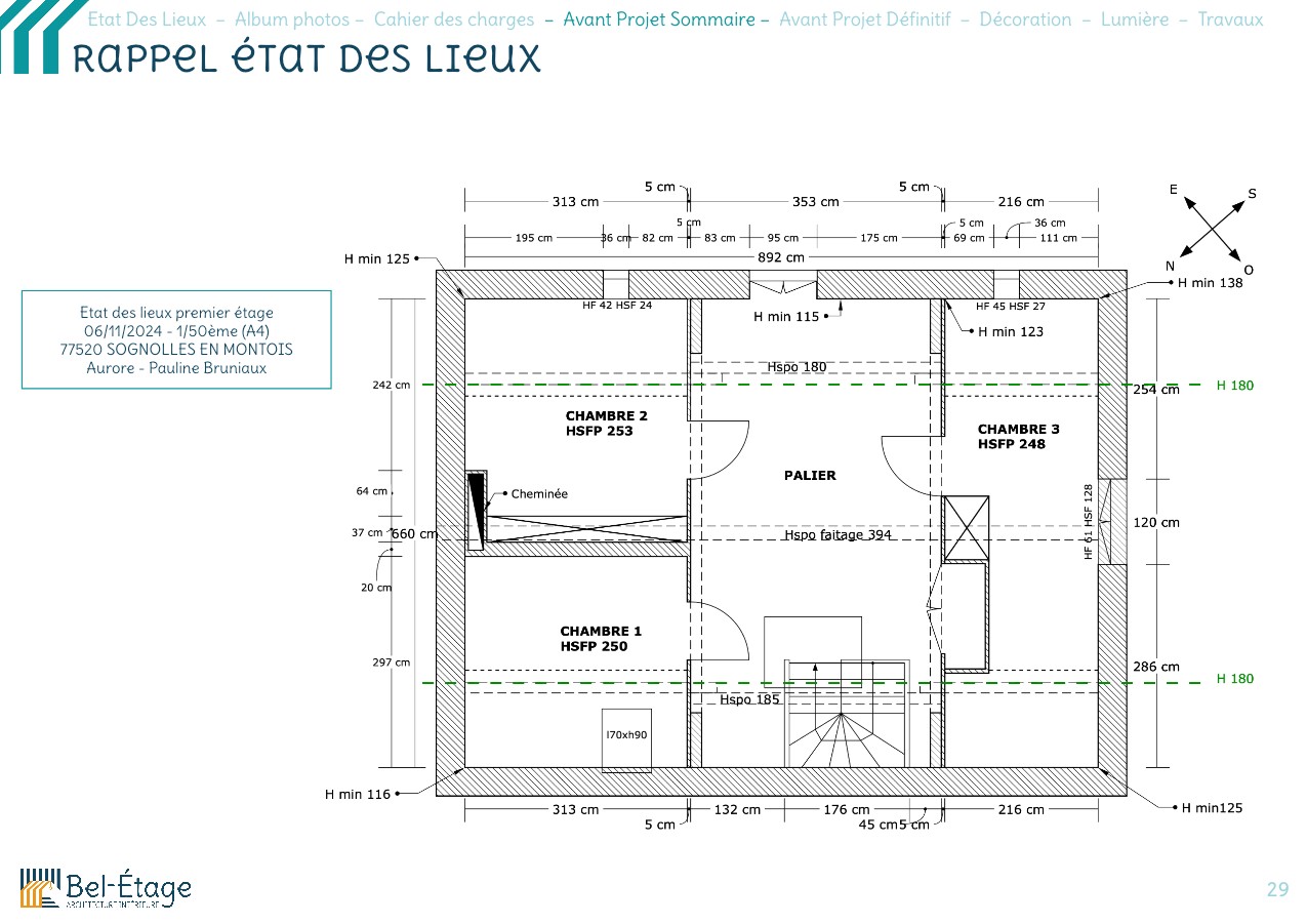 Plan de l'état des lieux montrant le grand palier et les trois chambres de l'étage avant redistribution à Sognolles-en-Montois