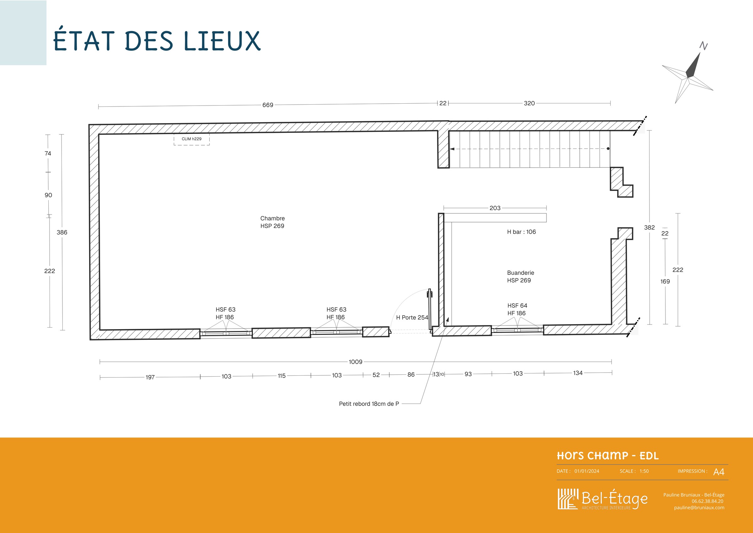 Plan d'état des lieux de la chambre et de la buanderie avant création d'une suite parentale à Sainte-Savine
