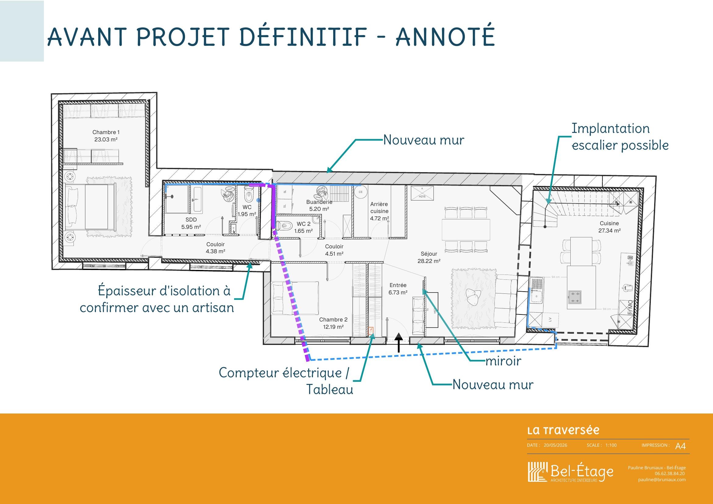 Plan de l'avant-projet définitif reliant la maison, l'extension et la grange à Chalautre-la-Petite