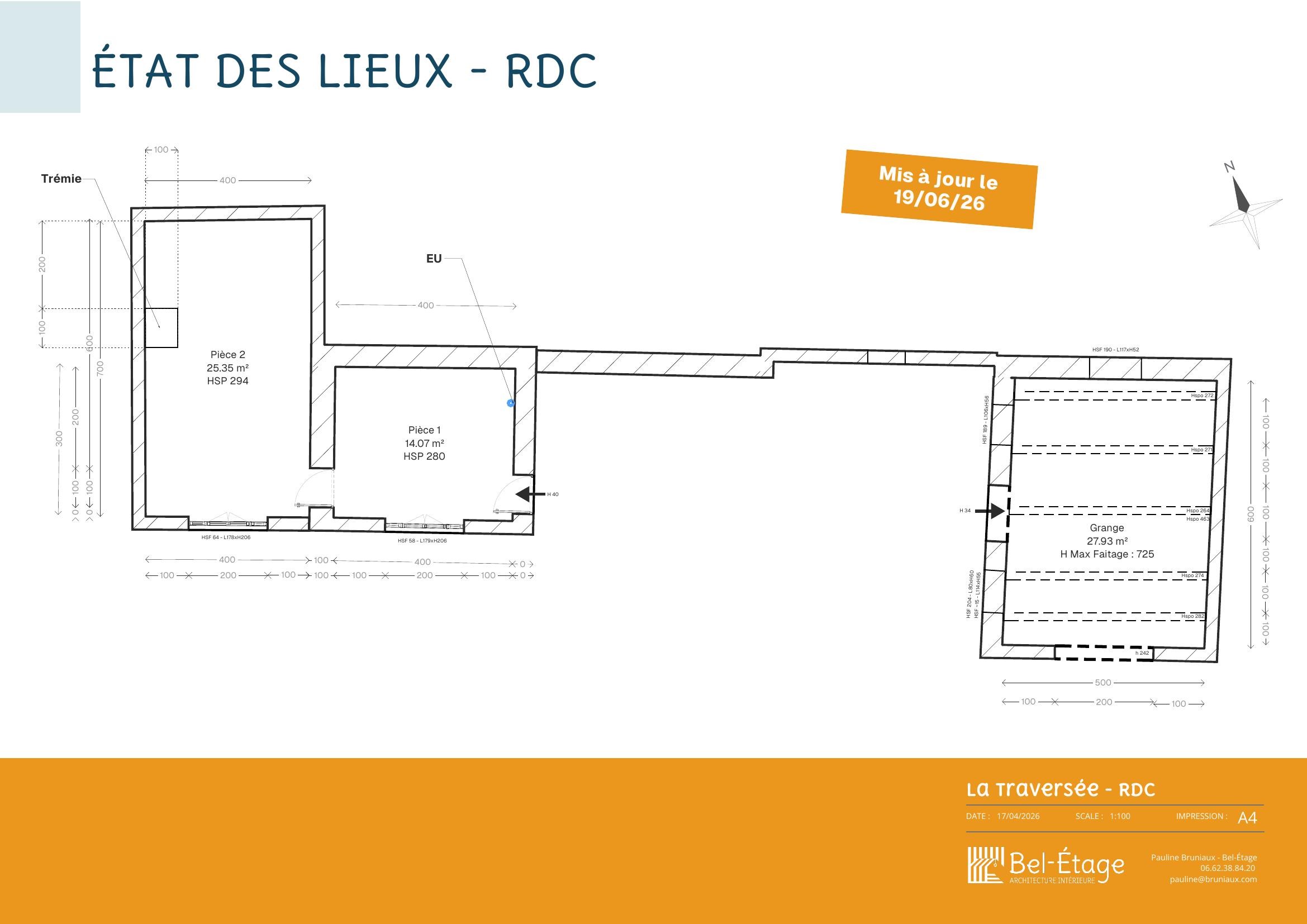 Plan d'état des lieux de la petite maison et de la grange séparées avant création de l'extension près de Provins
