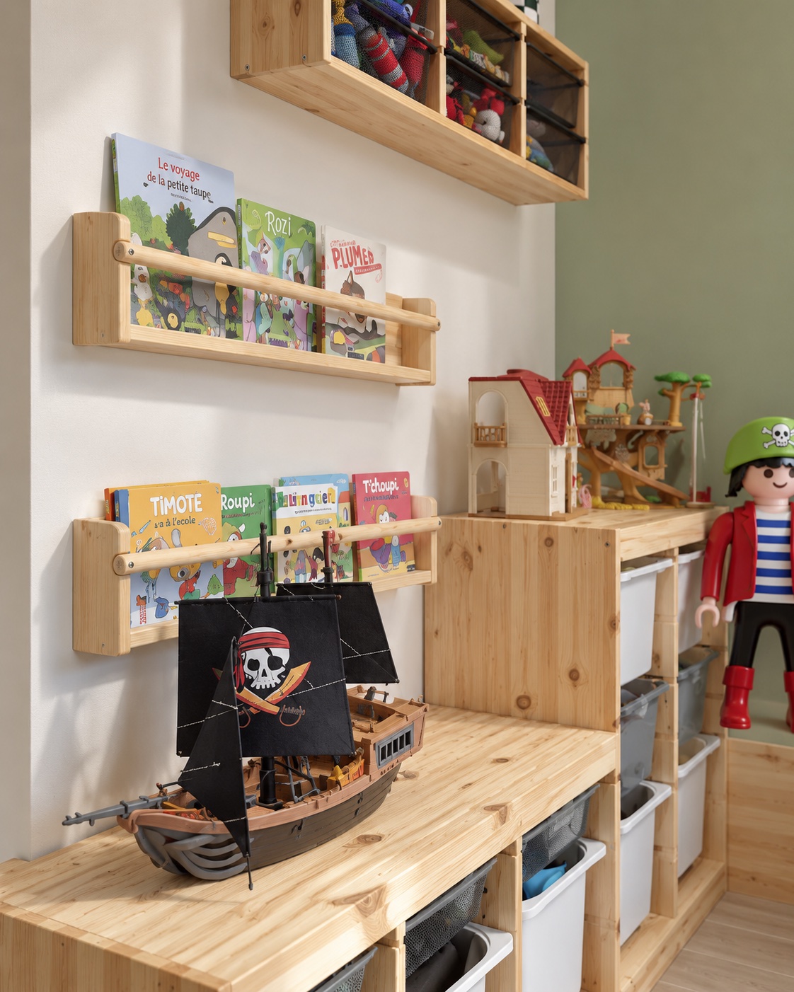 Détail des rangements en bois, des livres et des jeux pour enfants à Yerres