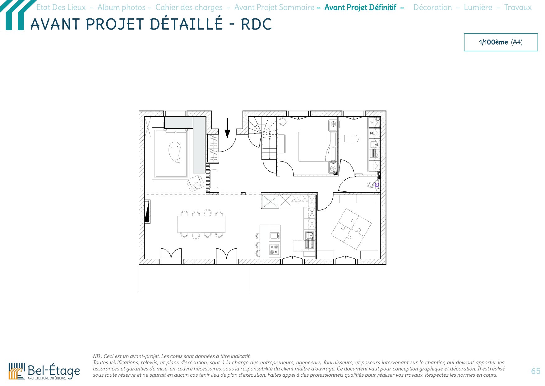Rénovation d'une maison de ville à Provins : plan d'avant-projet détaillé du rez-de-chaussée avec cuisine ouverte et espace de réception