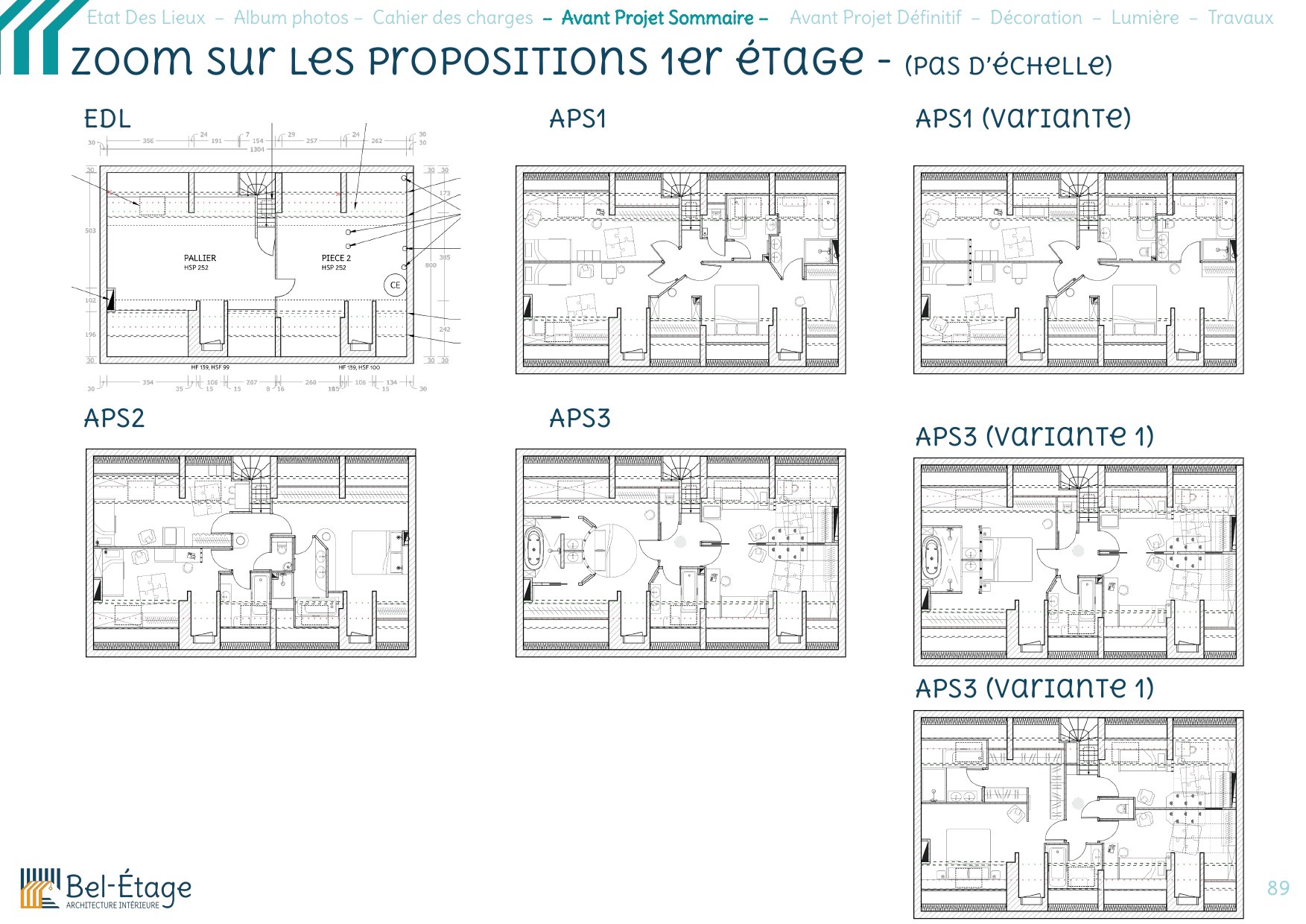 Rénovation d'une maison de ville à Provins : comparaison des trois avant-projets de l'étage et de leurs ajustements