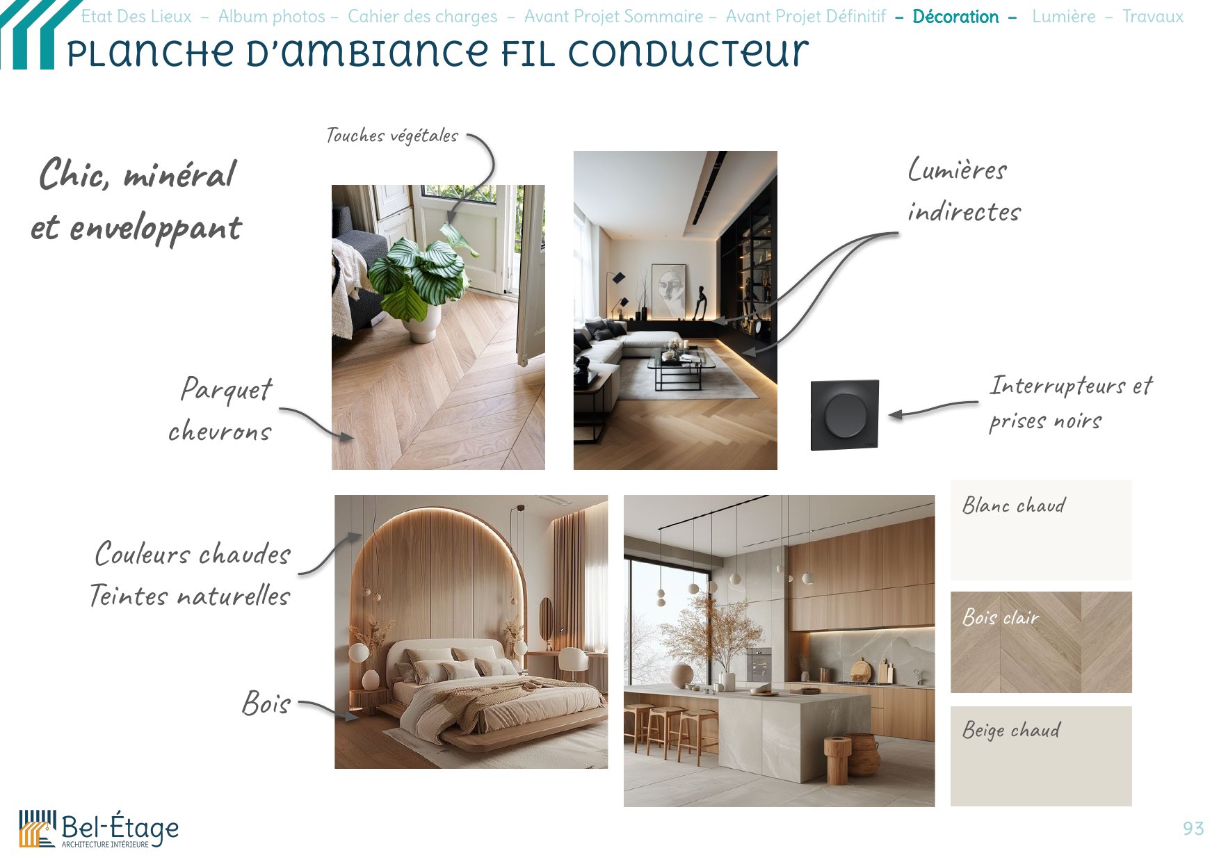 Planche d'ambiance du projet Les Grandes Réunions à Provins : parquet en chevrons, bois clair, teintes naturelles et lumières indirectes