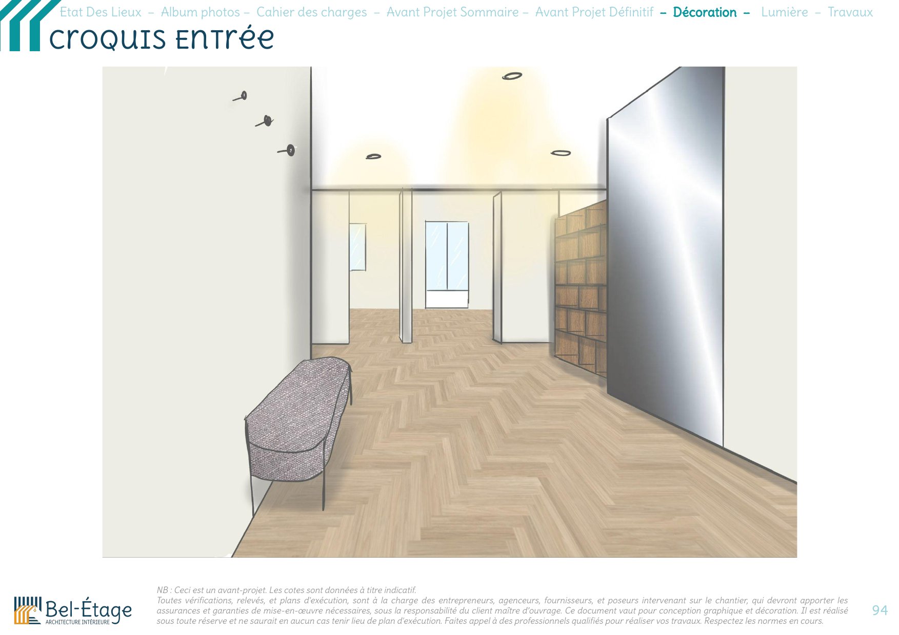 Croquis de la nouvelle entrée de la maison avec banc, rangements et vue vers les pièces de vie