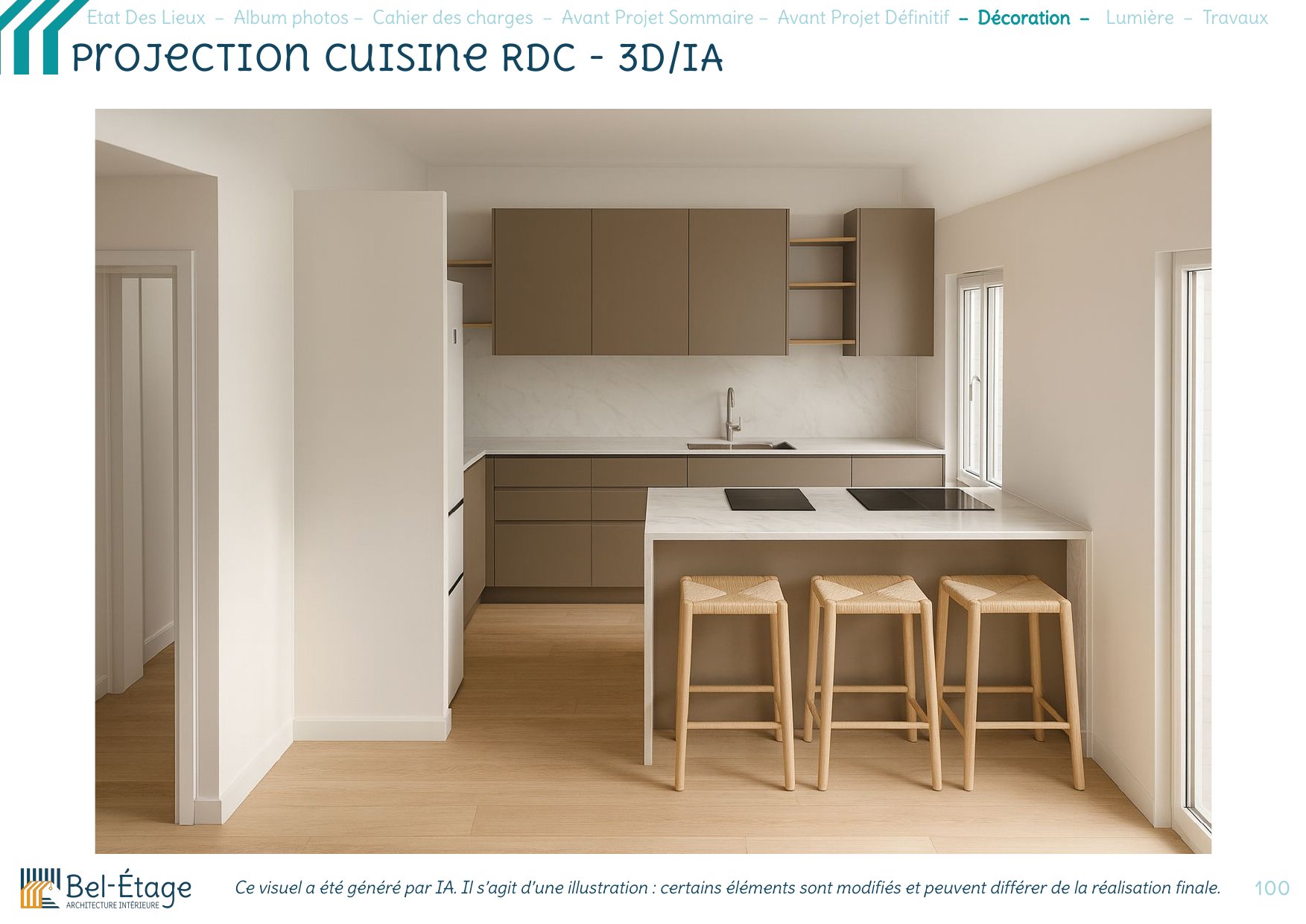 Projection 3D de la cuisine ouverte du rez-de-chaussée avec îlot et trois places assises