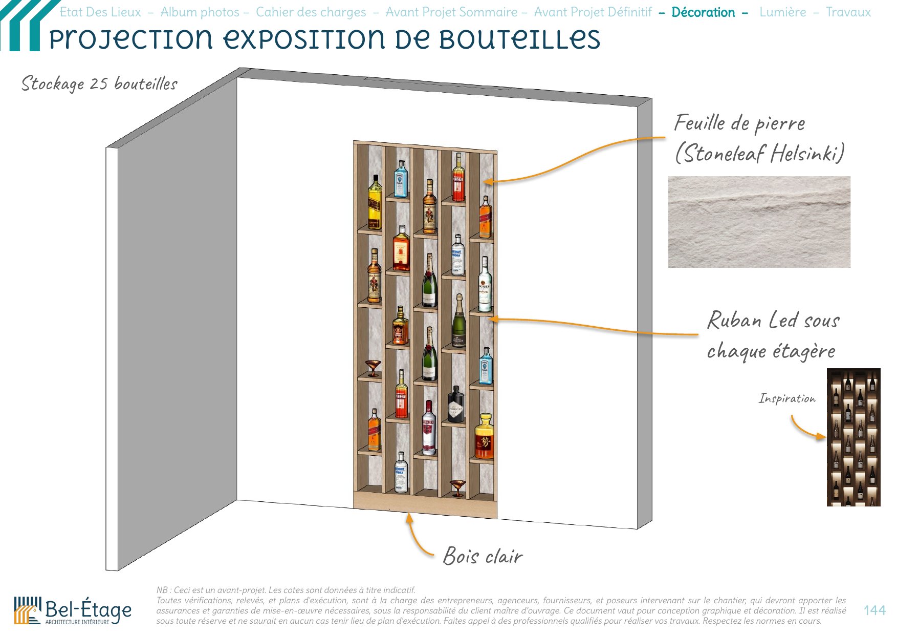Dessin du rangement pour bouteilles en bois clair, feuille de pierre et éclairage LED au rez-de-jardin