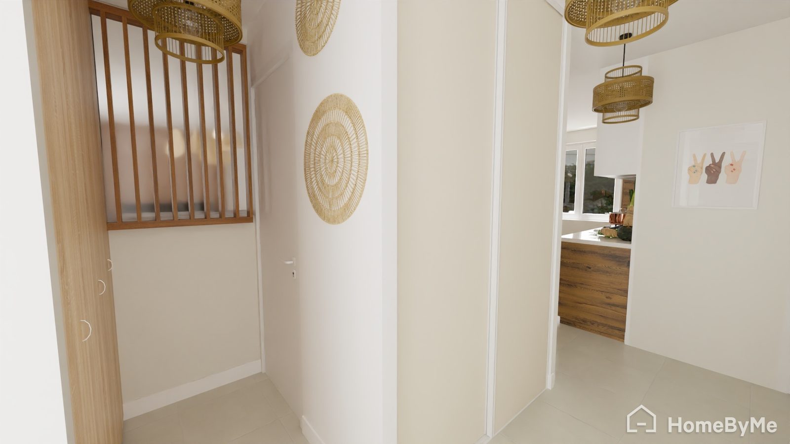 Rénovation d'une maison familiale à Maison Rouge près de Provins - rendu 3D de l'entrée avec claustra à tasseaux orientés