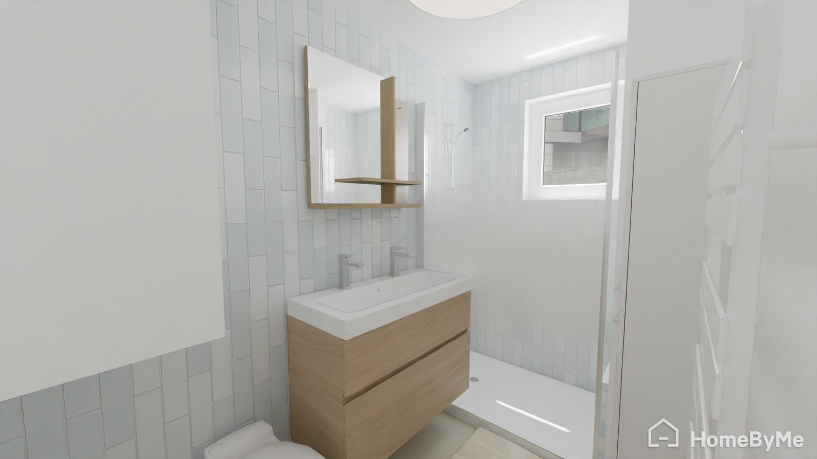 Rénovation d'une maison familiale à Maison Rouge près de Provins - rendu 3D de la salle de bains rénovée avec vasque en bois