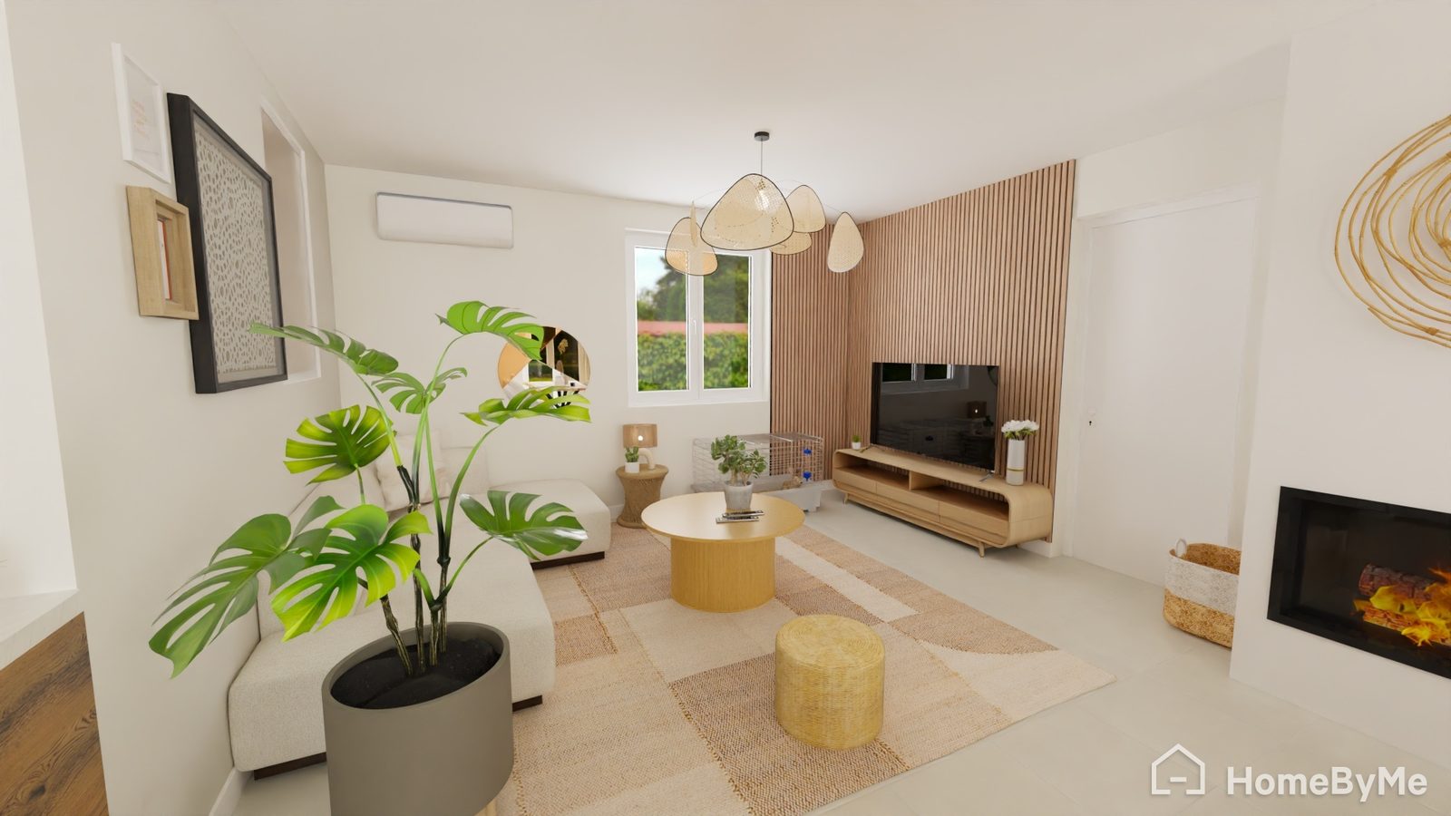 Rénovation d'une maison familiale à Maison Rouge près de Provins - rendu 3D du salon avec mur en lattes de bois et cheminée