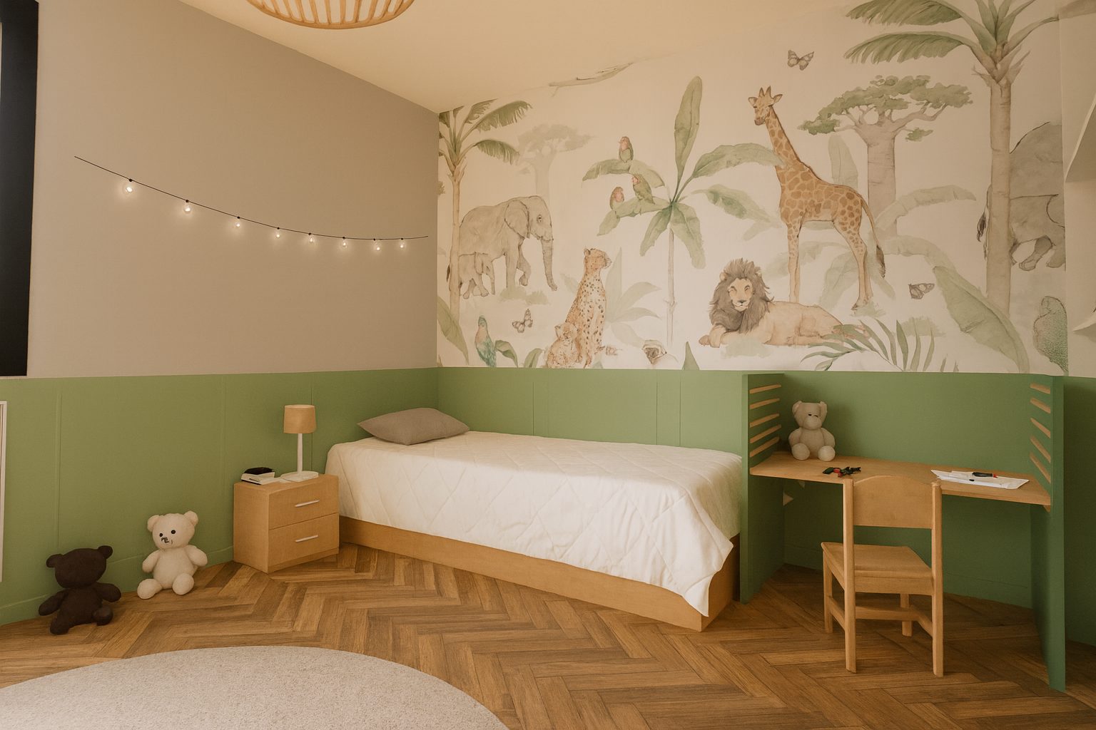 Construction d'une maison neuve à Galluis dans les Yvelines - rendu 3D de la chambre d'enfant avec fresque jungle