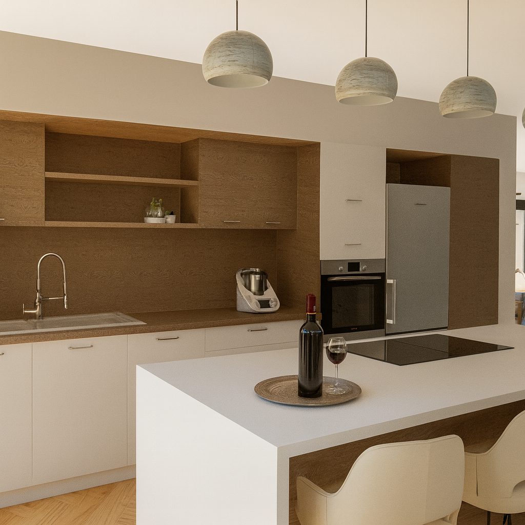 Construction d'une maison neuve à Galluis dans les Yvelines - rendu 3D de la cuisine ouverte avec îlot central