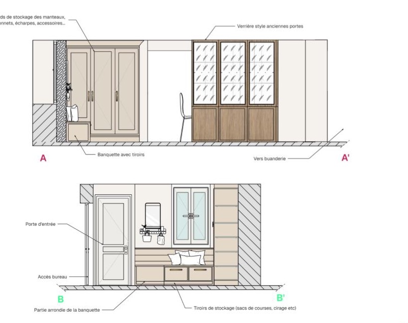 Élévations détaillées des rangements, de la banquette et de la verrière de l'entrée d'une longère à Chalmaison