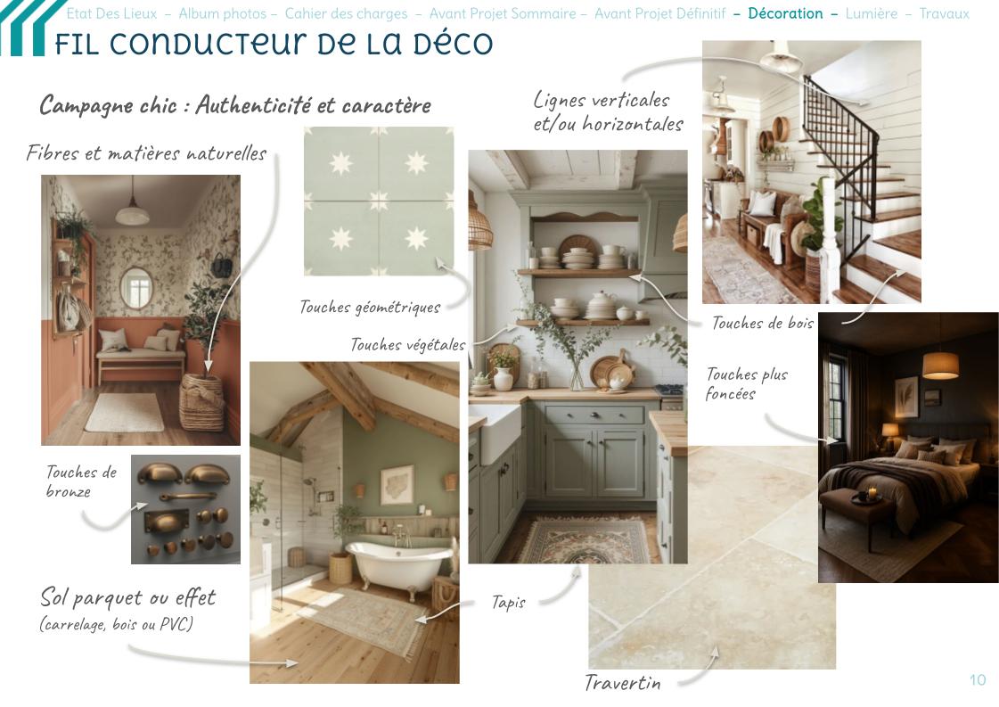 Planche d'ambiance campagne chic avec bois, travertin, bronze et couleurs végétales pour la rénovation d'une longère à Chalmaison