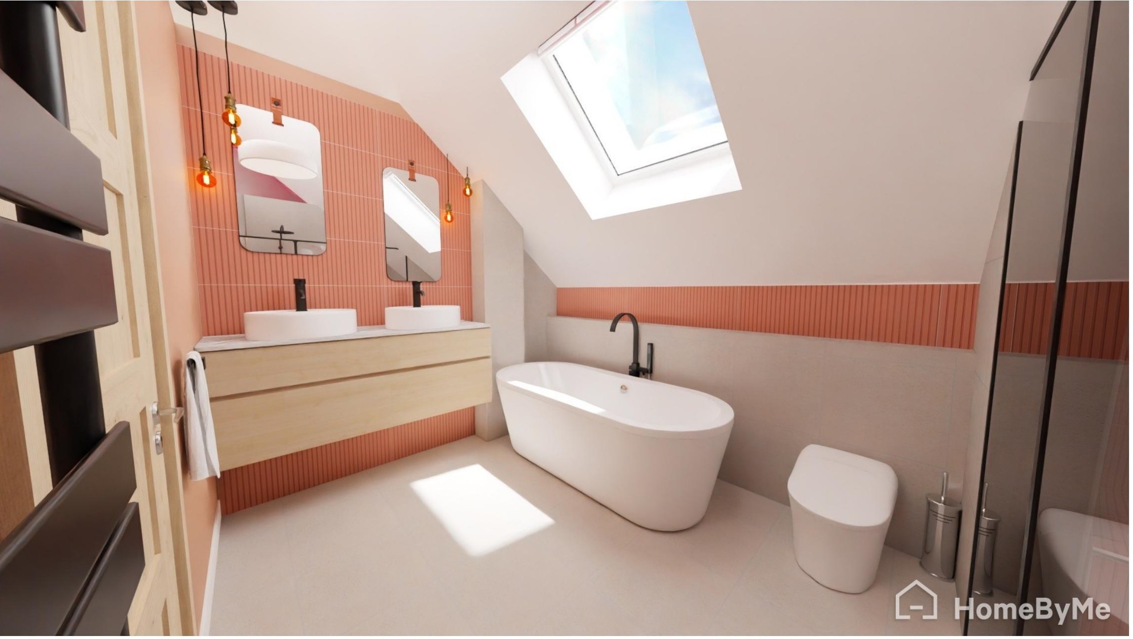 Projection d'une salle de bains parentale sous pente avec baignoire et double vasque à Chalmaison