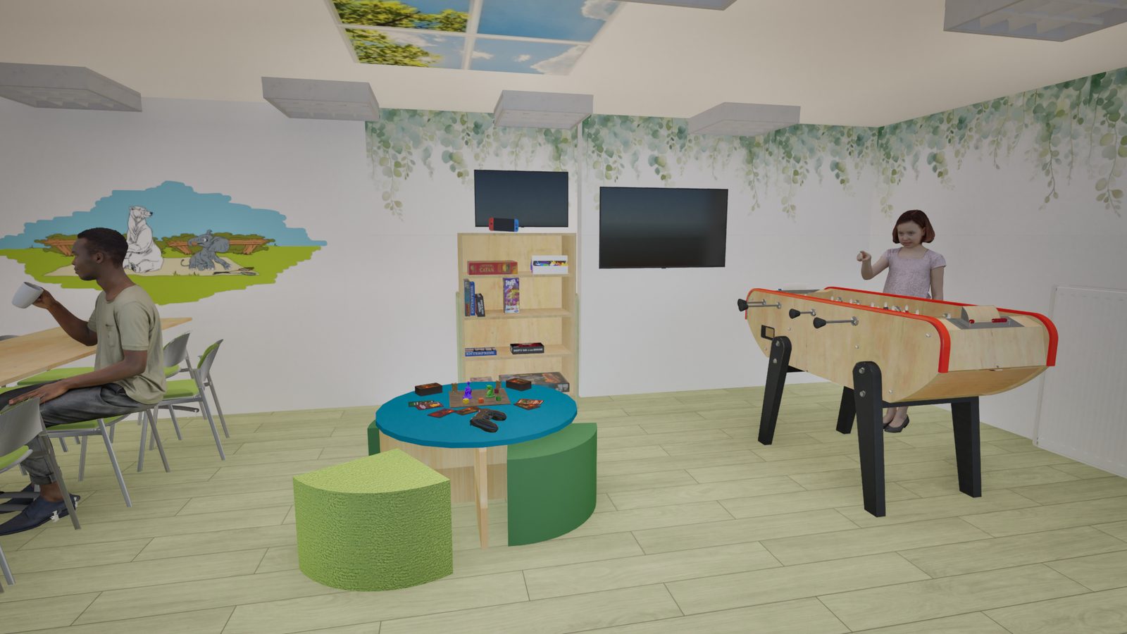 Aménagement d'une salle de vie pour enfants hospitalisés à Troyes - rendu 3D du coin ados avec babyfoot