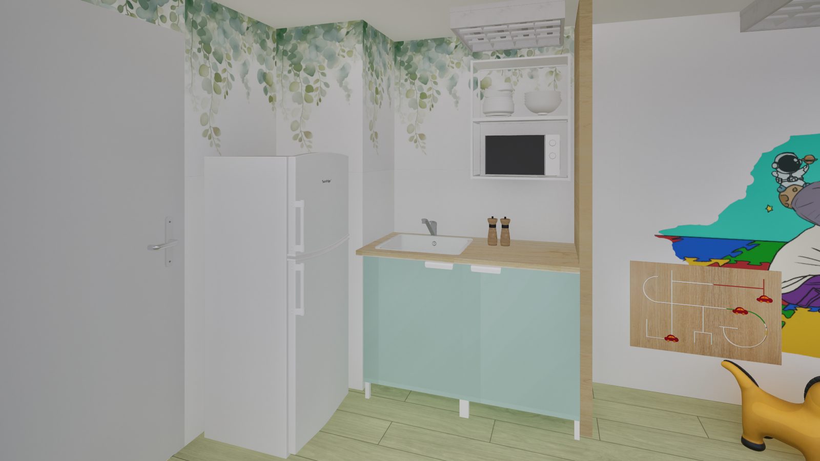 Aménagement d'une salle de vie pour enfants hospitalisés à Troyes - rendu 3D du coin réchauffage