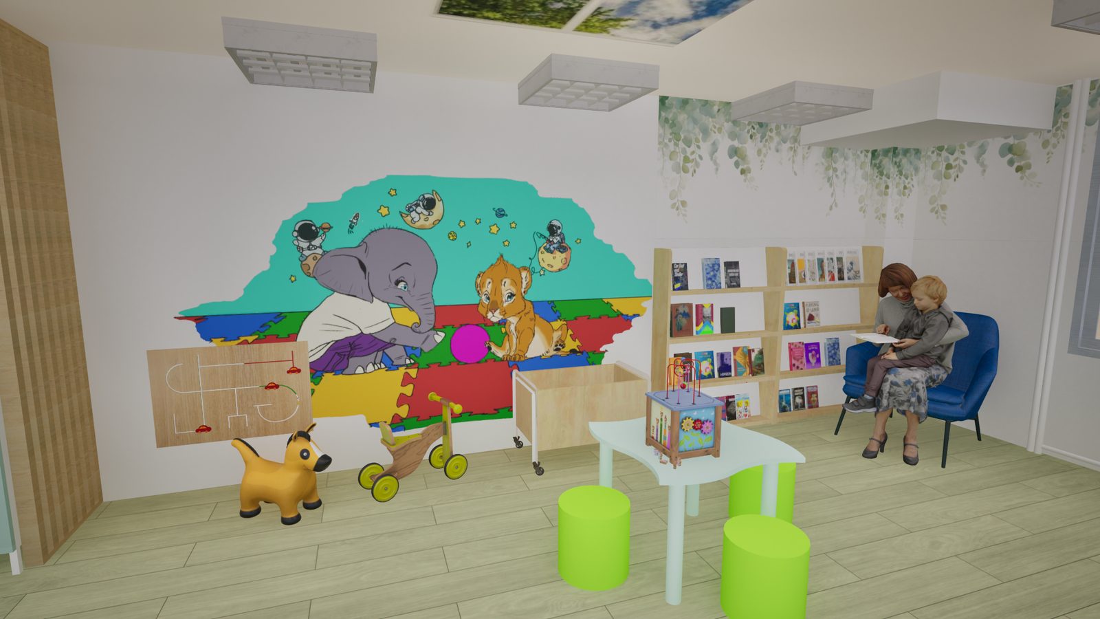 Aménagement d'une salle de vie pour enfants hospitalisés à Troyes - rendu 3D du coin enfants avec fresque murale