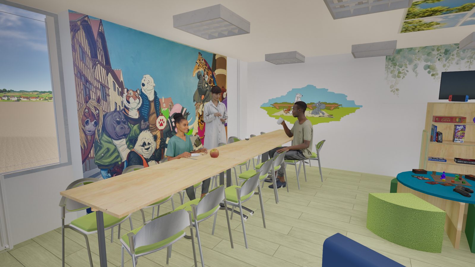 Aménagement d'une salle de vie pour enfants hospitalisés à Troyes - rendu 3D du coin repas et réunions